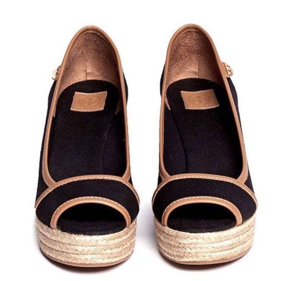 Tory Burch | Black Majorca Peep Toe Canvas Wedge | 9 - Picture 3 of 15